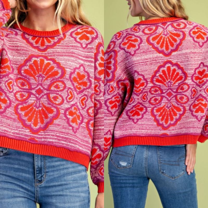 Printed Round Neck Sweater With Piping Details