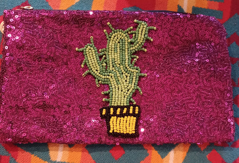 Fuschia Sequin Cactus Beaded Zipper Pouch