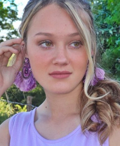 Purple Fringe Beaded Earrings